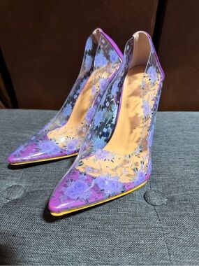 Cinderella Glass Slipper Style Purple Floral High Heels